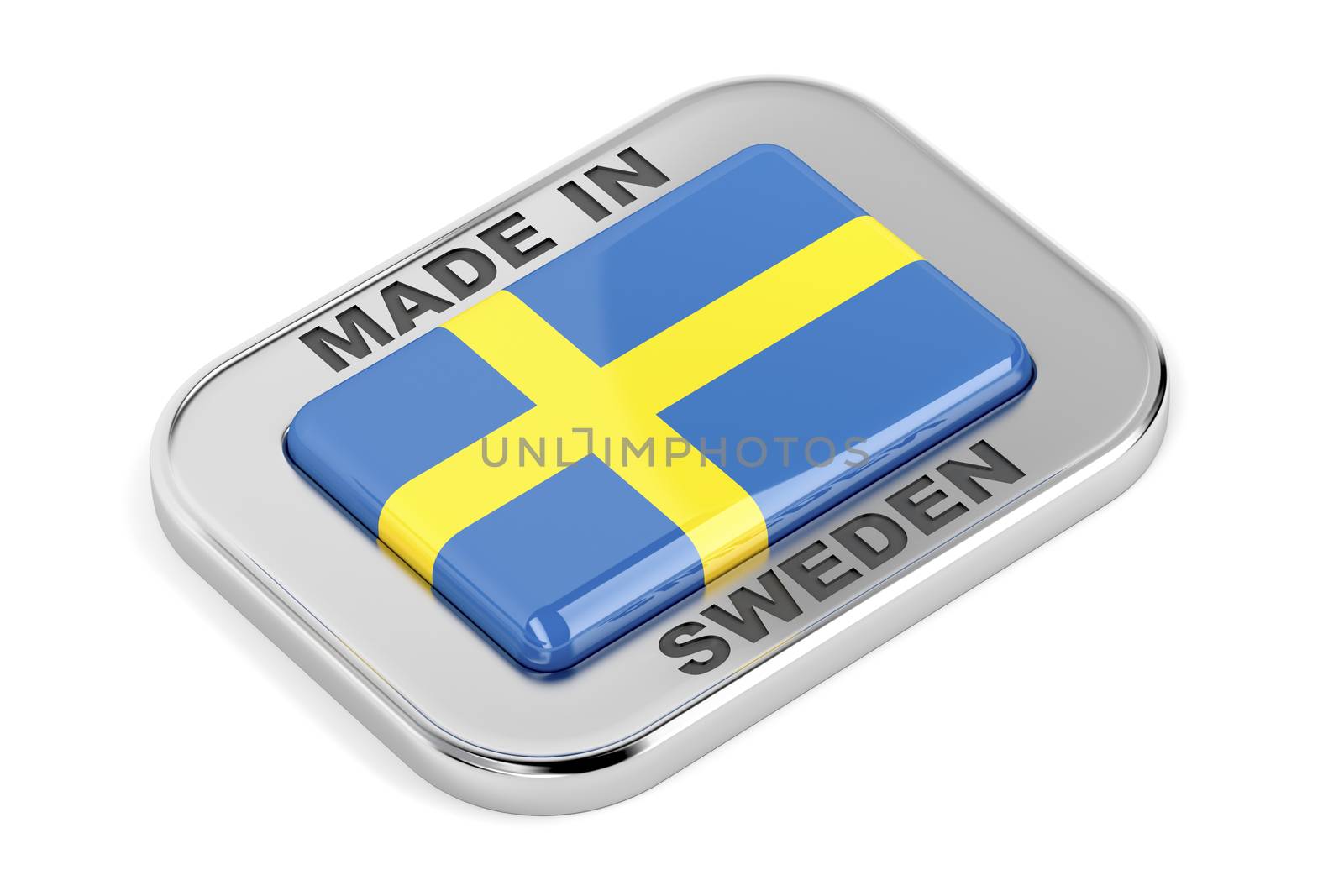 Made in Sweden, shiny silver badge on white background