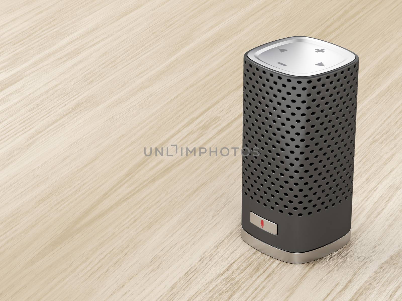 Speaker with integrated virtual assistant on wood background