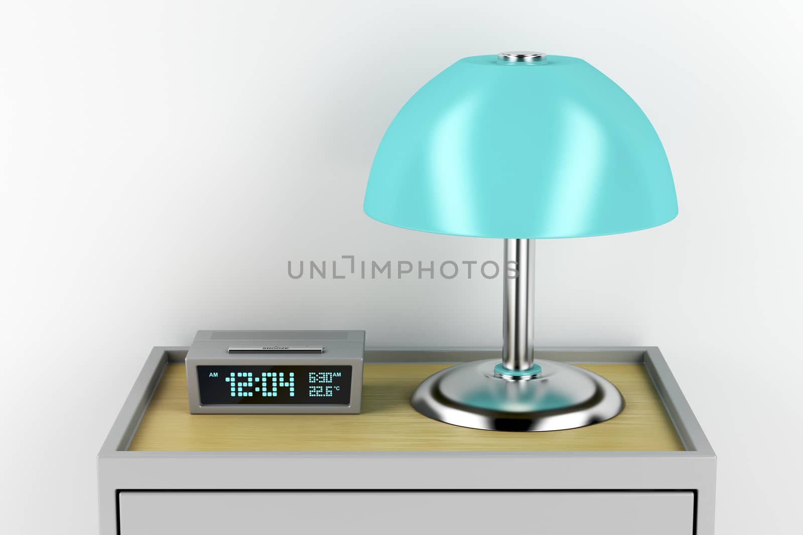 Digital alarm clock and electric lamp on modern nightstand