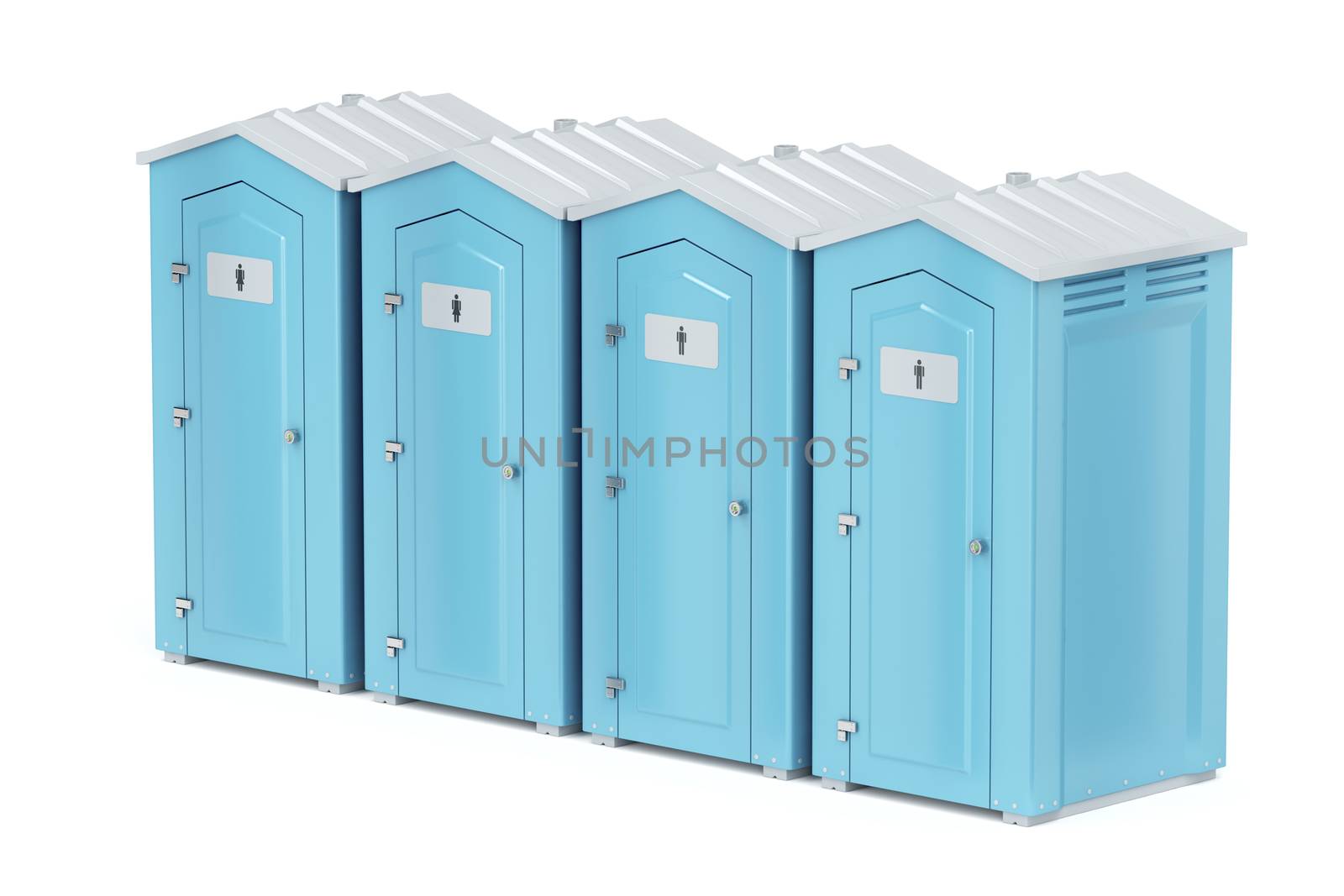 Row with four portable plastic toilets on white background 
