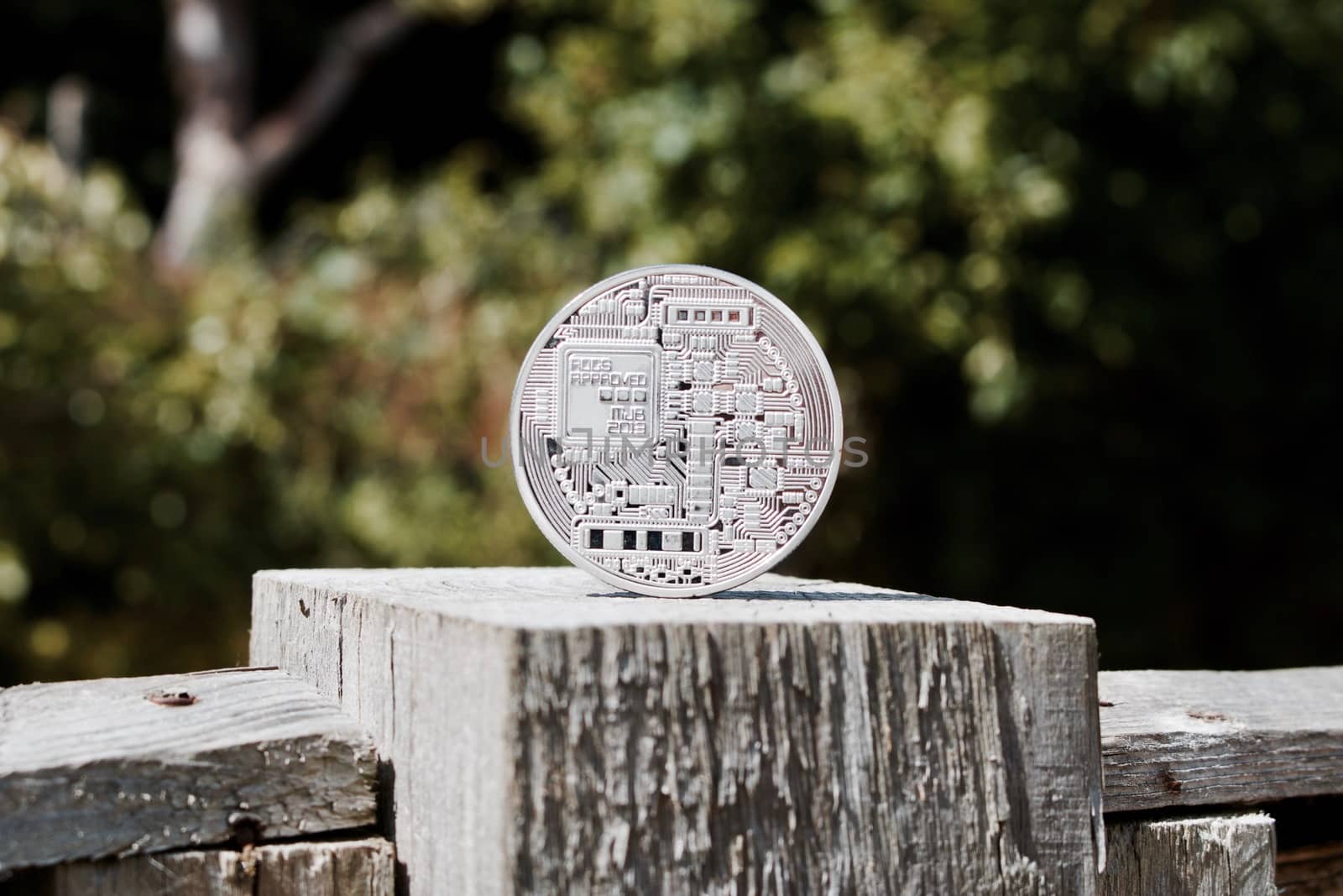 Digital currency physical silver bitcoin coin on the wooden fence in the garden.