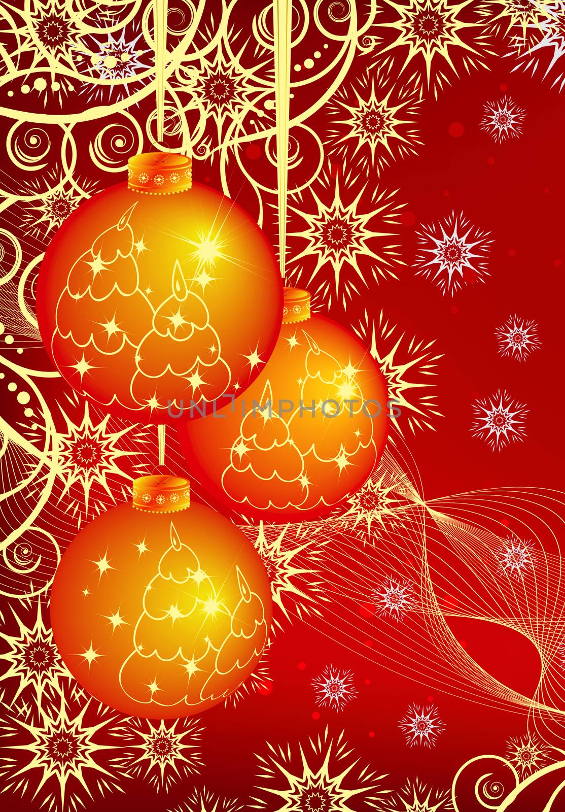 Christmas background with three glowing shining balls, new year by Nobilior