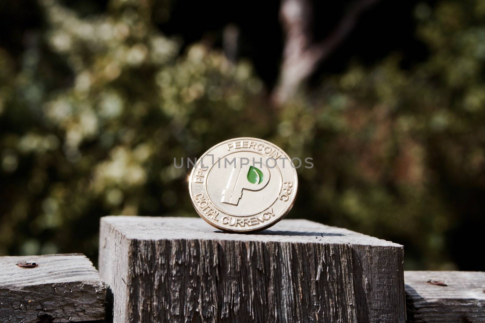 Digital currency physical gold peercoin coin on the wooden fence in garden.