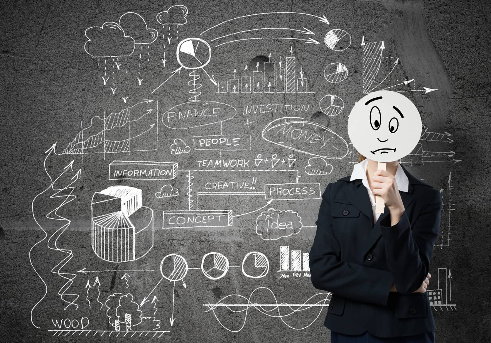 Businesswoman and graphs at background hiding her face behind mask
