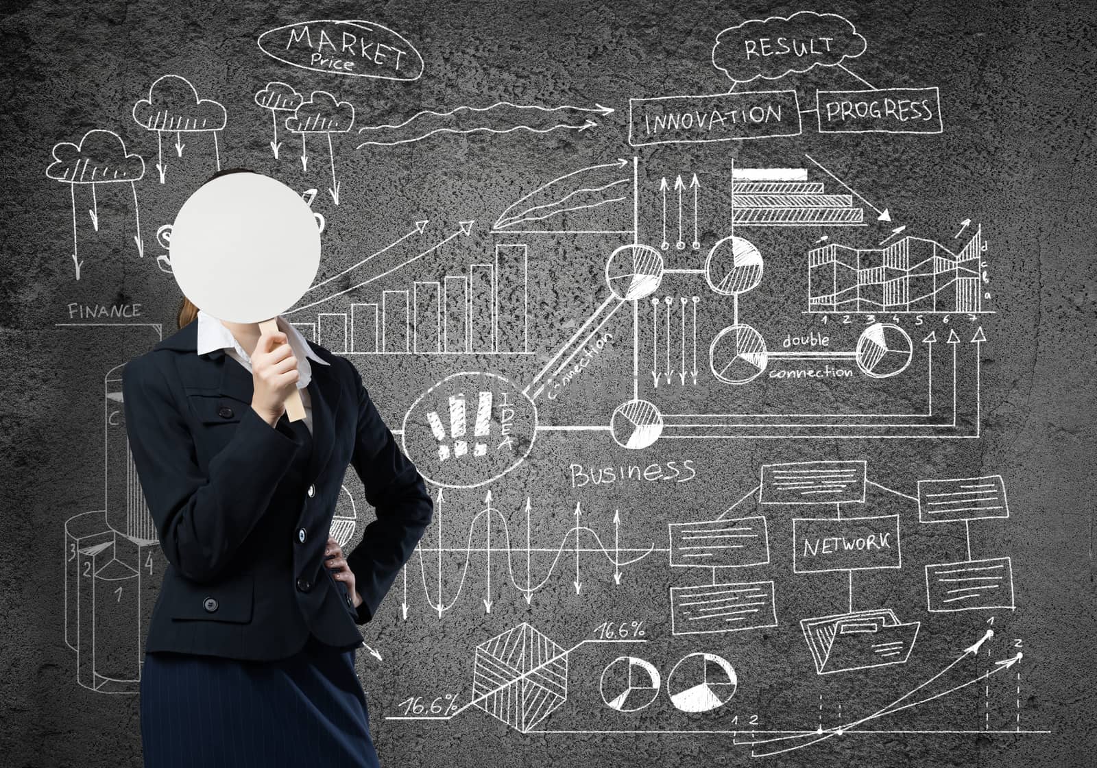 Businesswoman and graphs at background hiding her face behind mask