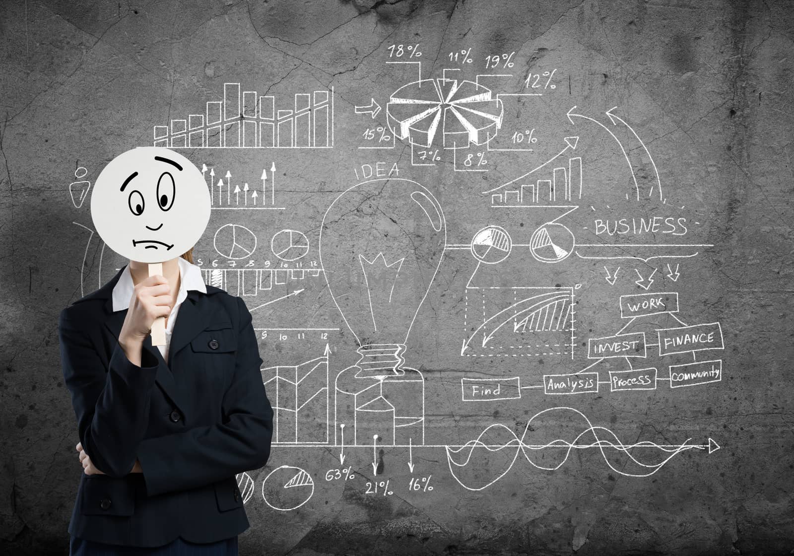 Businesswoman and graphs at background hiding her face behind mask