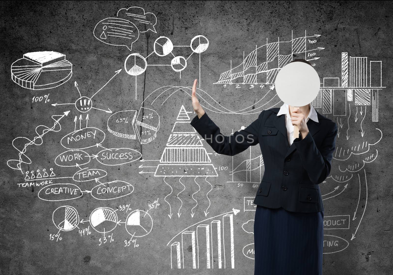 Businesswoman and graphs at background hiding her face behind mask