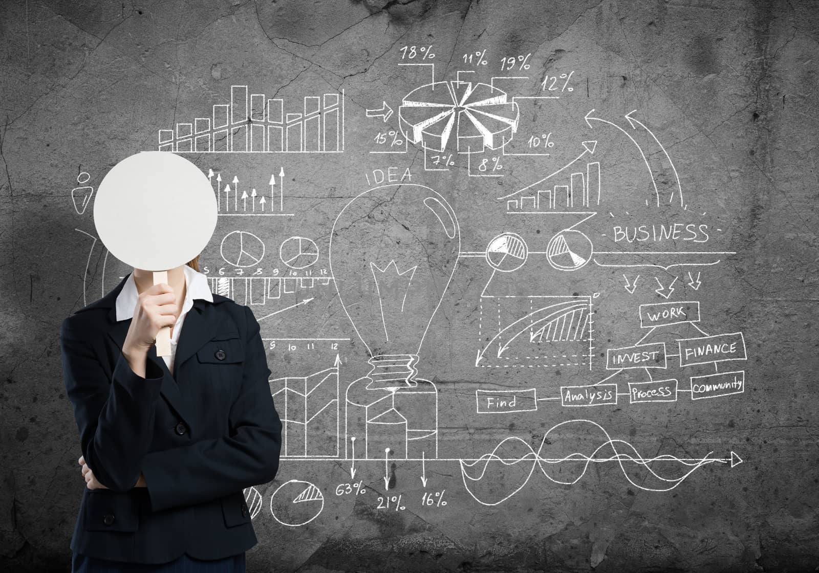 Businesswoman and graphs at background hiding her face behind mask