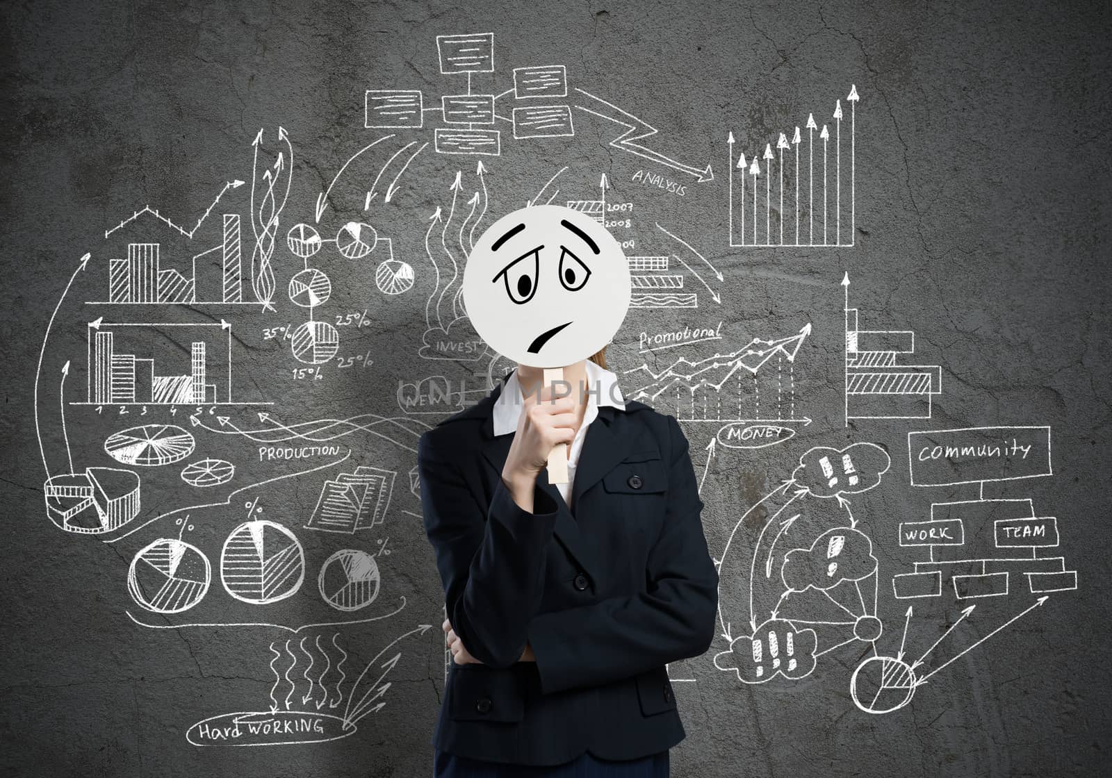 Businesswoman and graphs at background hiding her face behind mask