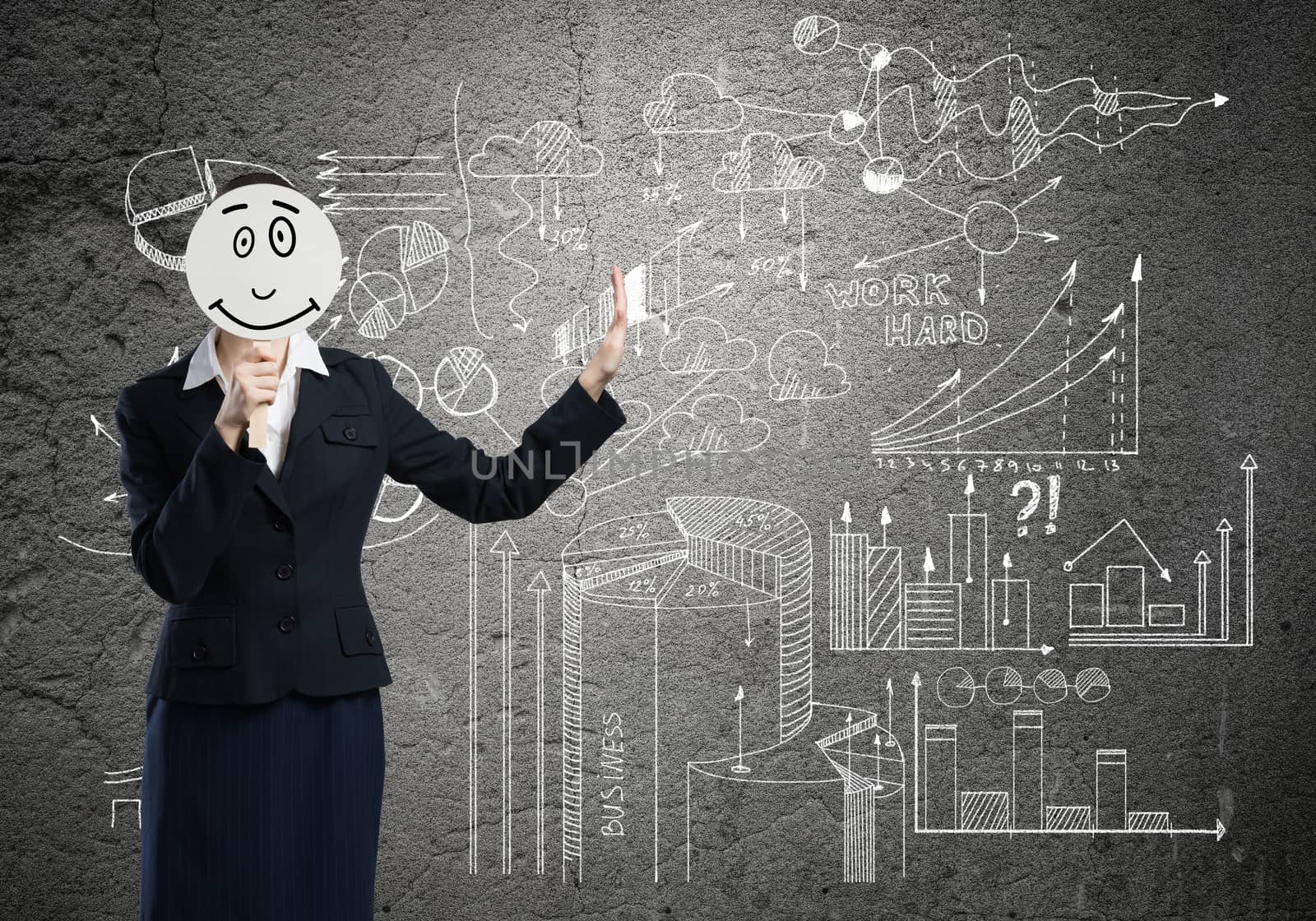 Businesswoman and graphs at background hiding her face behind mask