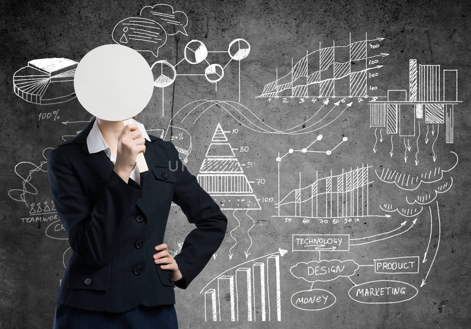 Businesswoman and graphs at background hiding her face behind mask
