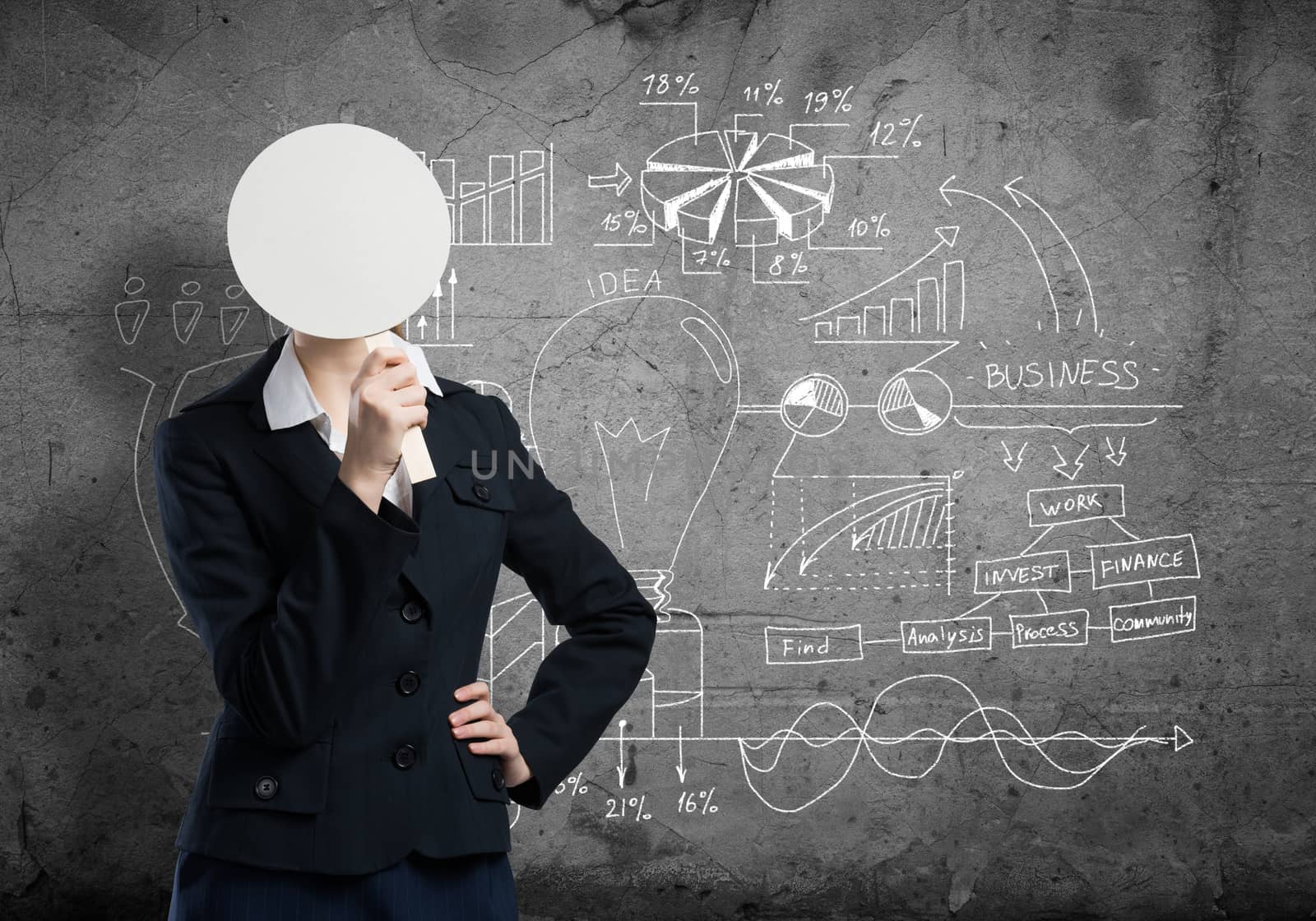 Businesswoman and graphs at background hiding her face behind mask
