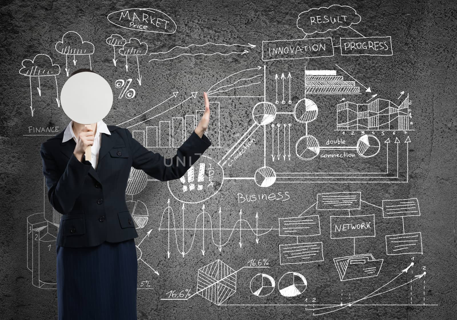 Businesswoman and graphs at background hiding her face behind mask