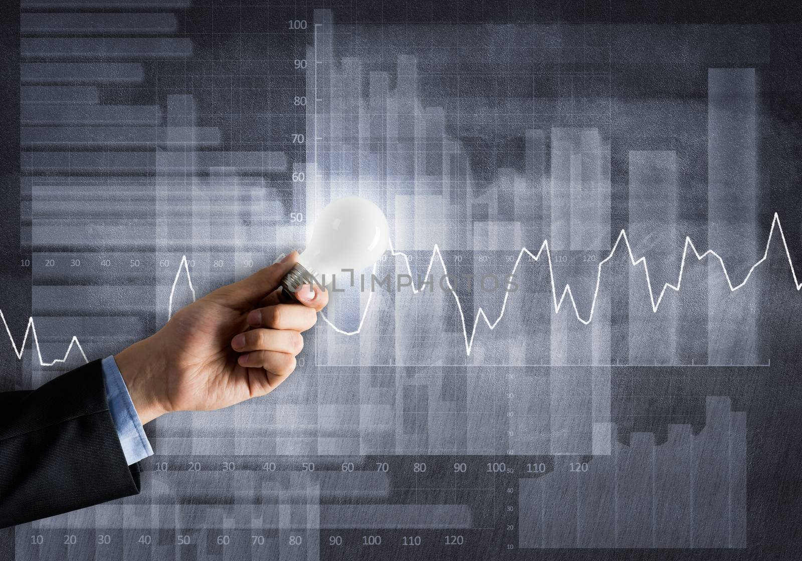 Conceptual image with light bulb diagrams and graphs