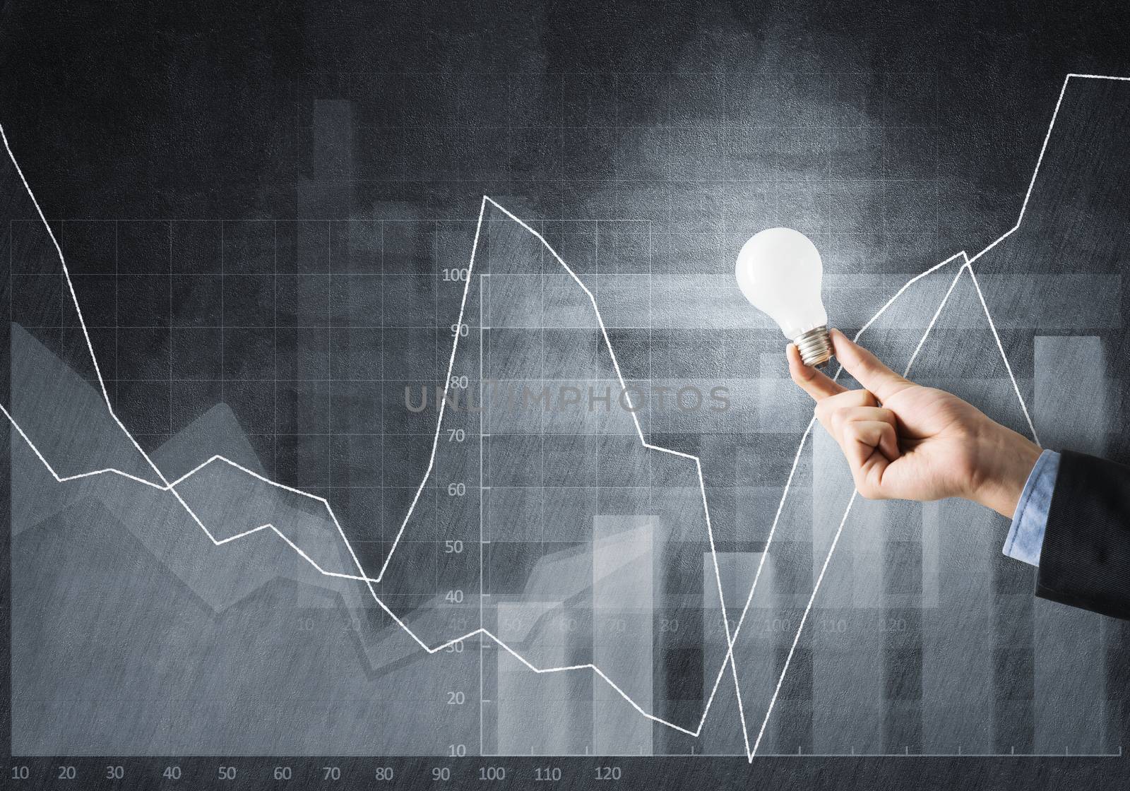 Conceptual image with light bulb diagrams and graphs
