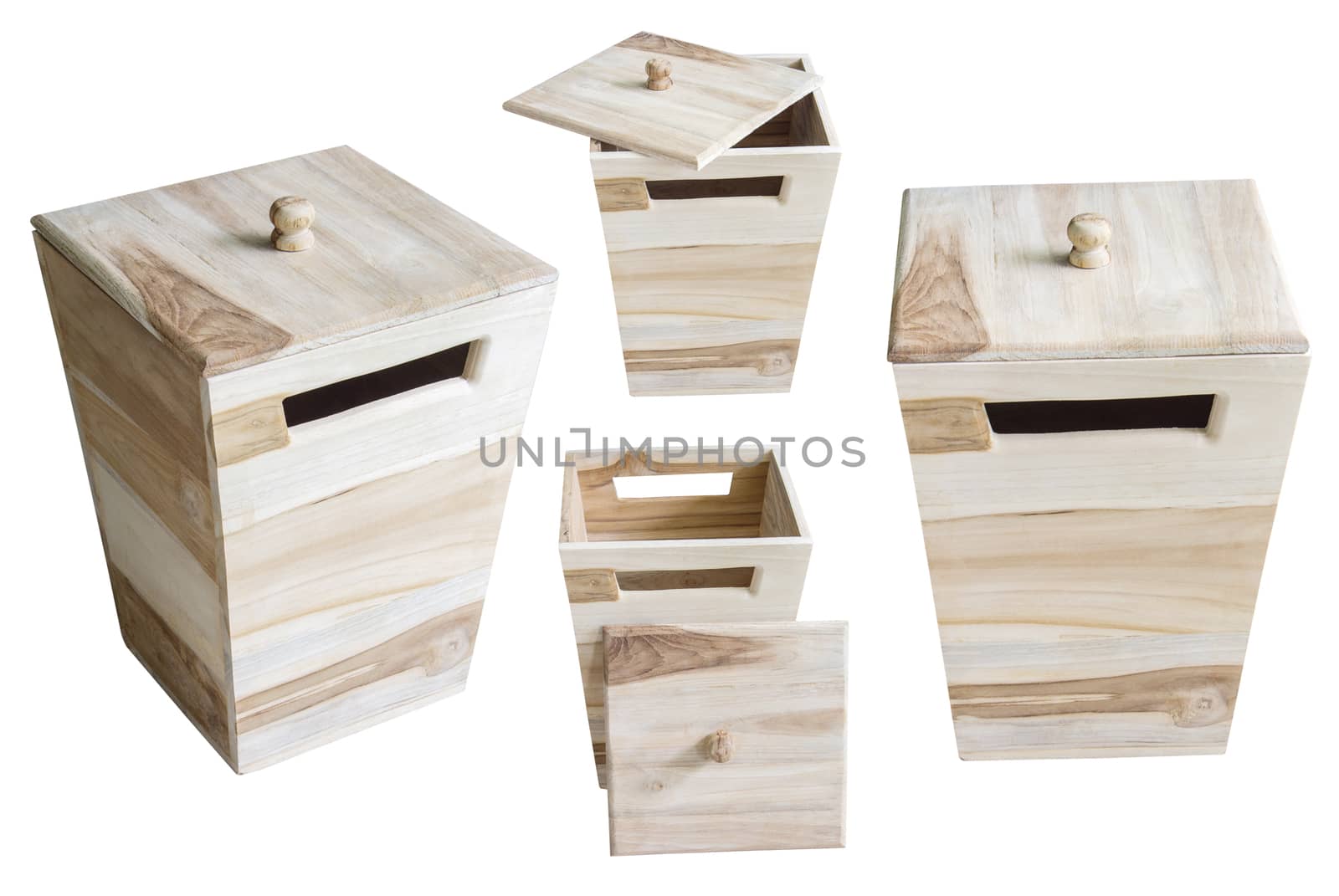 collection of wooden box isolated on white background.