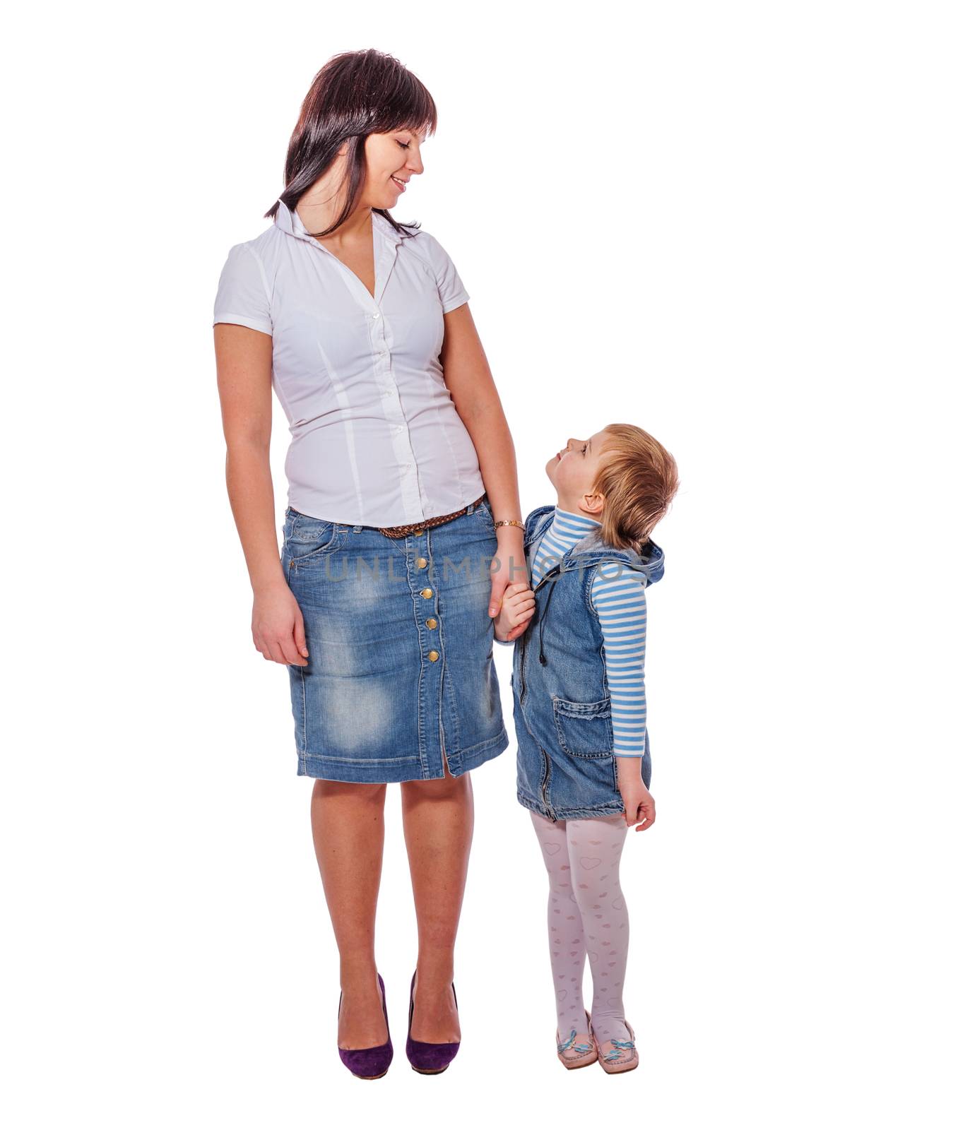 Mother and daughter smiling standing together isolated