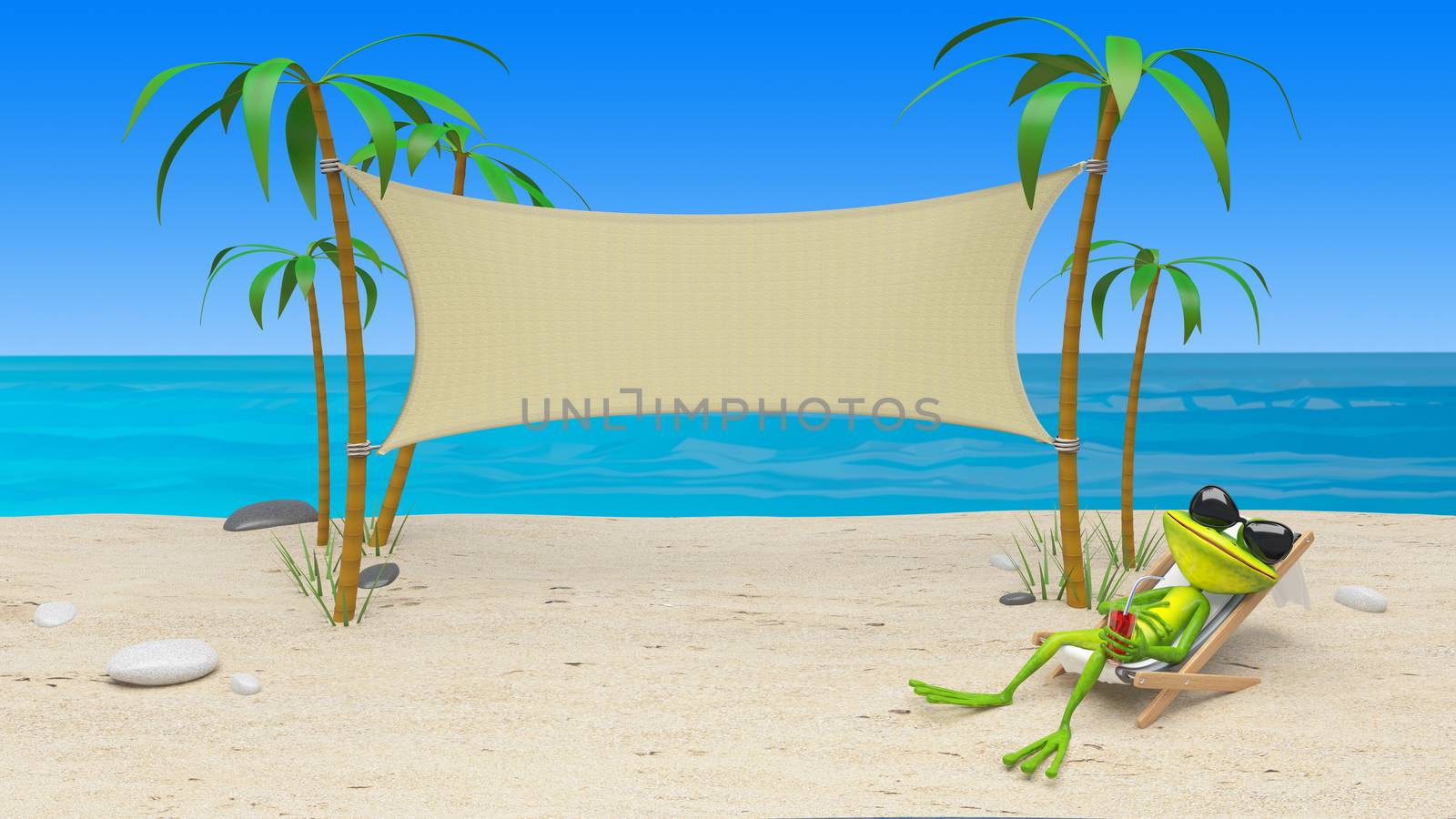 3D Illustration of a Frog in a Deckchair on the Beach and Cloth Background
