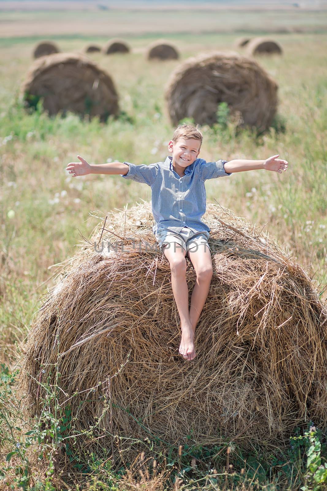 Attractive boy sitting on a haystack and smiling.