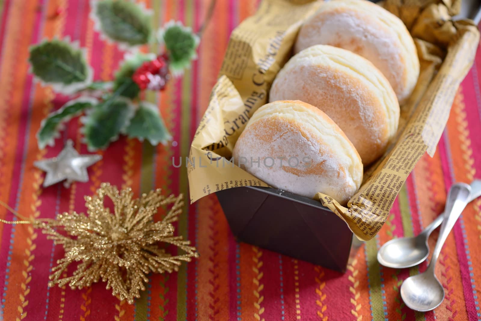 Christmas background with donuts in vintage tray