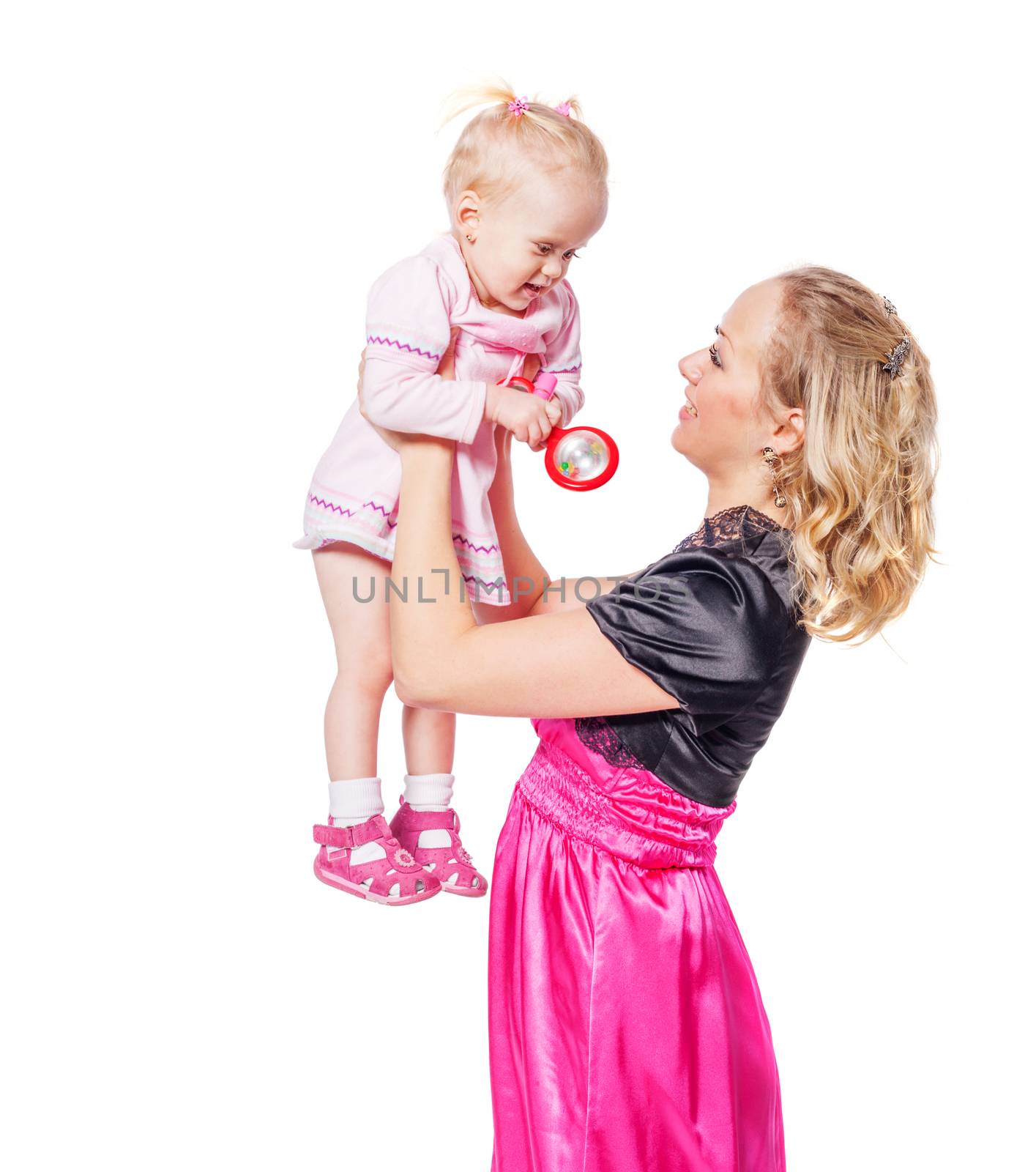 Happy mother holding daughter laughing isolated on white