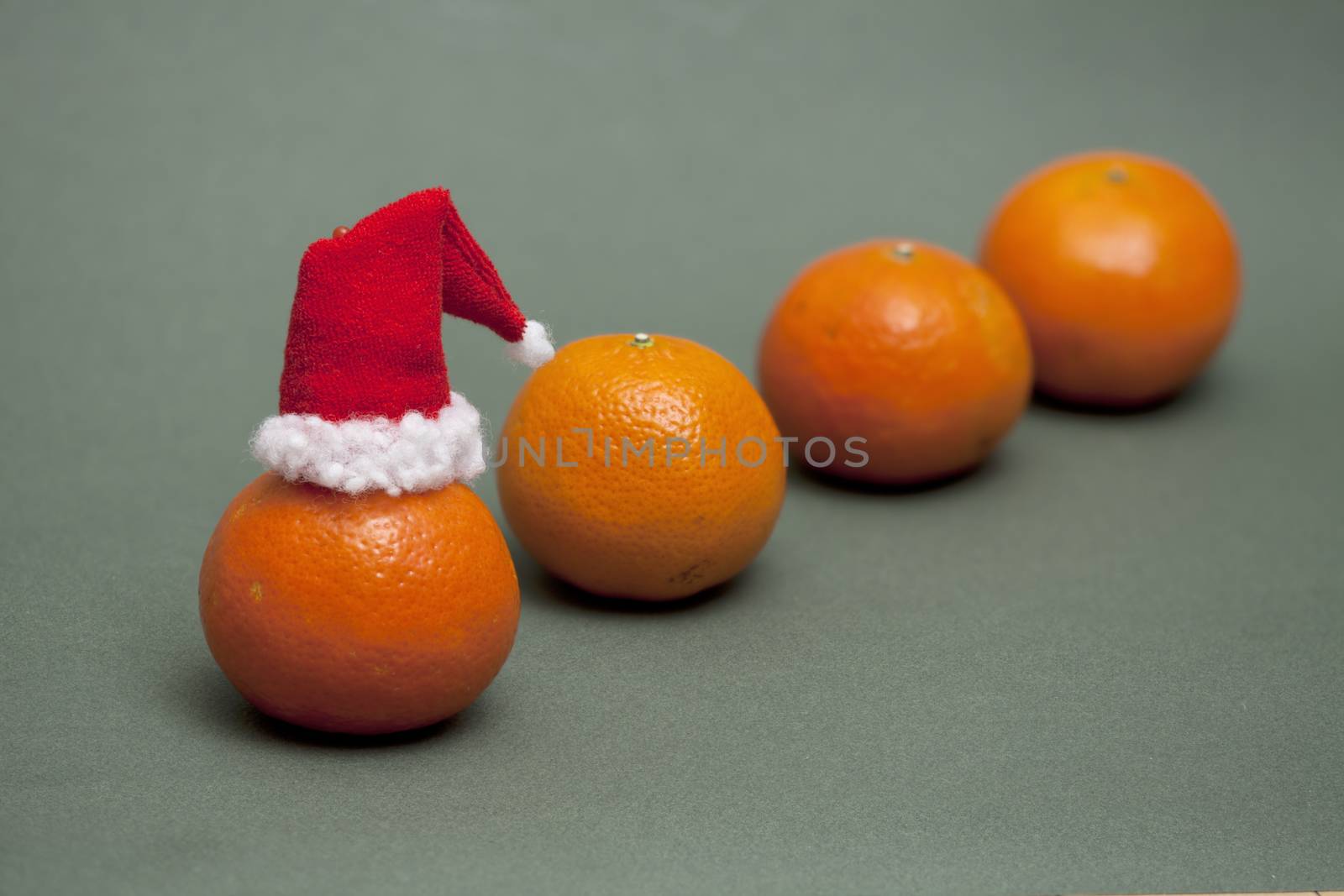 fruit orange santa hat in the foreground, orange in a row, copy space