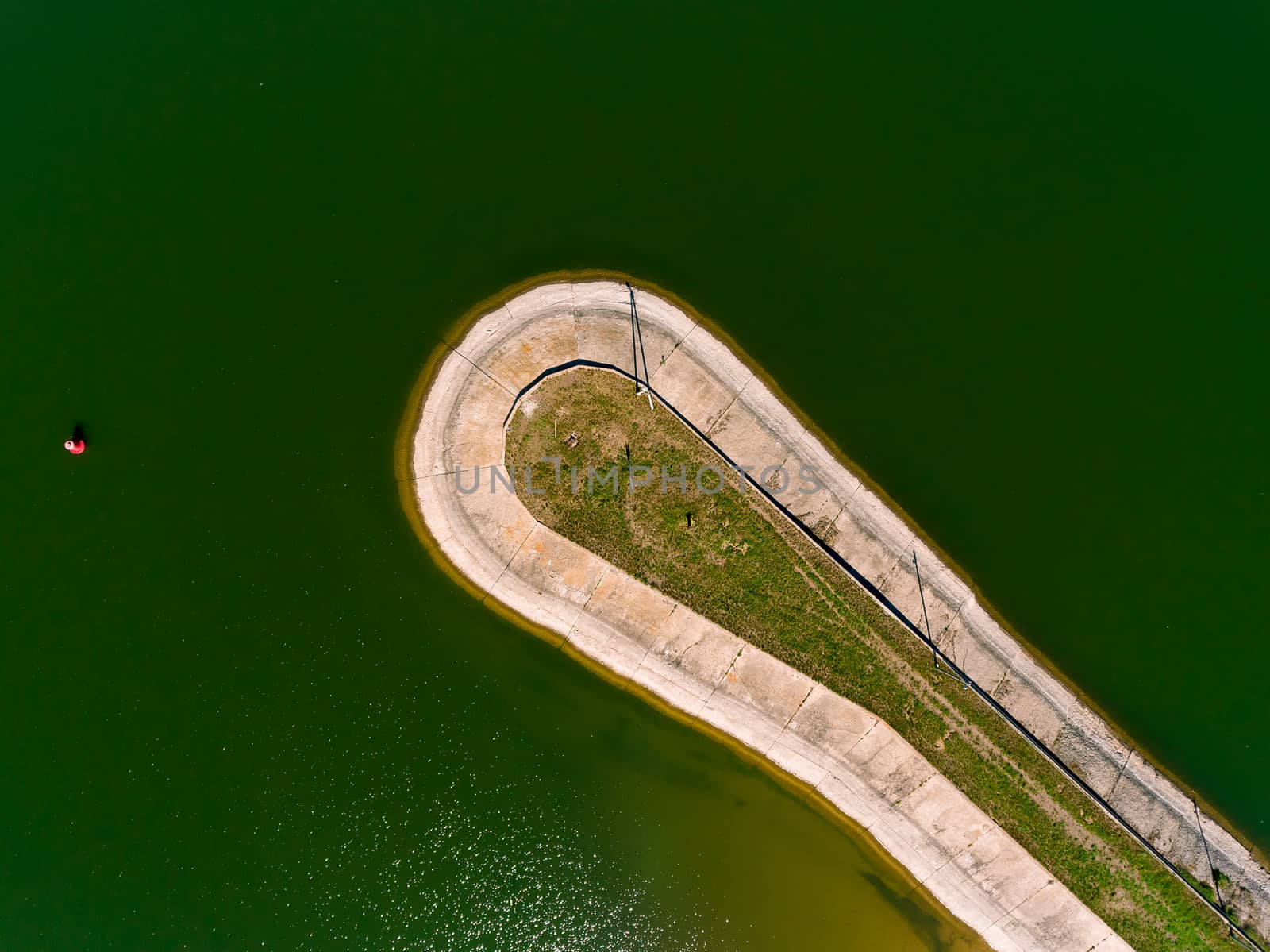 Aerial view breakwater at sea, cutwater, pier, groyne mole