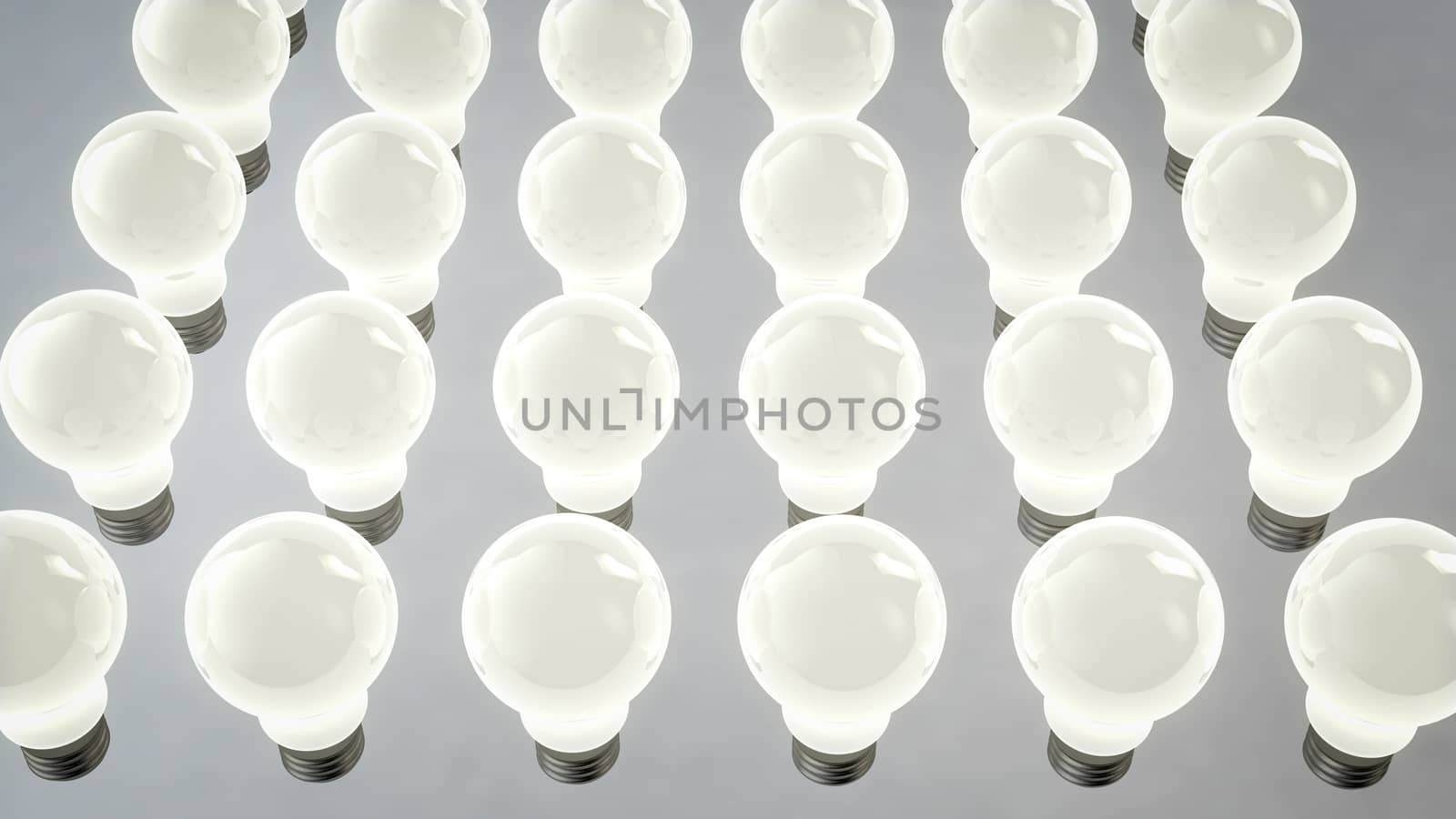 A pop art 3d illustration of white halogen glass ligh bulbs located in six straight rows. They are placed diagonally in the grey background. They look like a conveyer production advance
