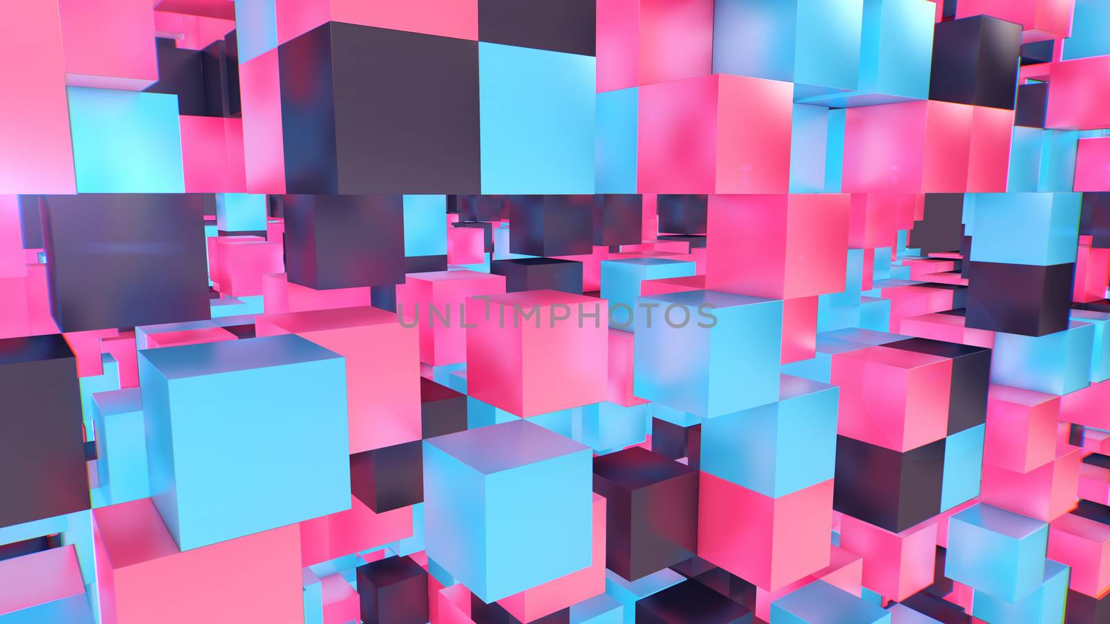 A holographic 3d illustration of a multidimentional and multicolored cubes levitating in a cyberscape with numerous empty spaces. The look fantastic and innovative.