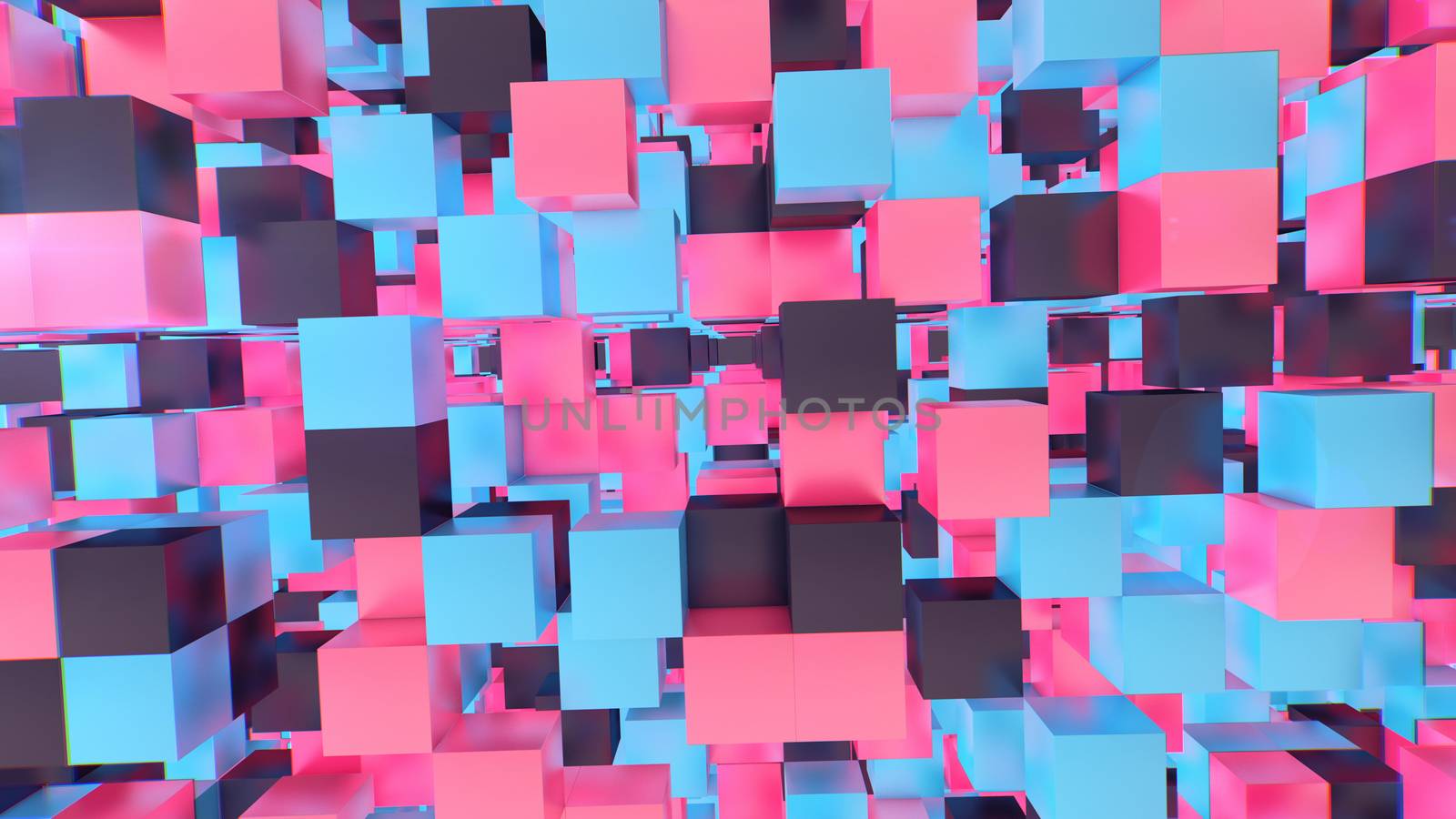 A fantastic 3d illustration of a parallel world multicolored cubes levitating in a futuristic cyberscape with numerous empty portals. They create some psychodellic and hi-tech reality.