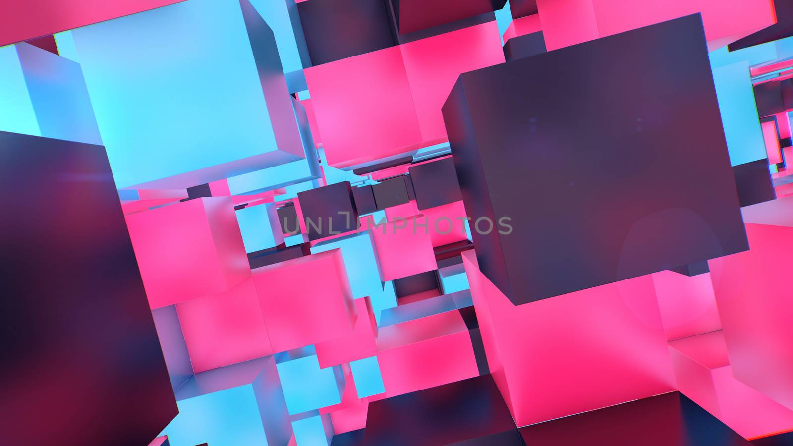 A mysterious 3d rendering of multicolored and multishaped cubes rushing in a fantastic cyberscape with numerous empty portals. They make some inspiring futuristic reality.