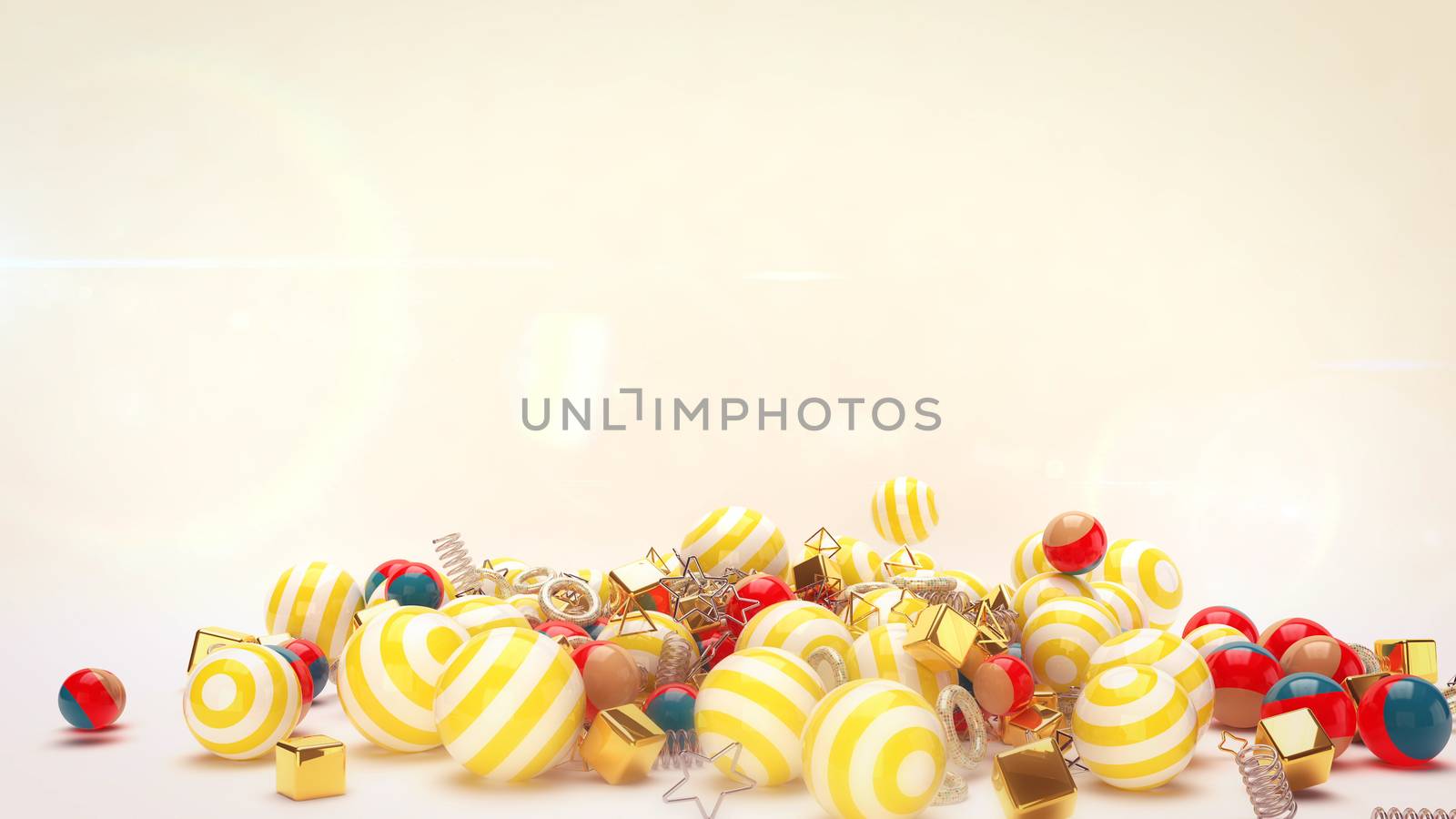 A joyful 3d illustration of rolling celebratory colorful striped balls with golden spirals and cubes in the white background. All of them congratulate us with Merry Christmas and Happy New Year! 