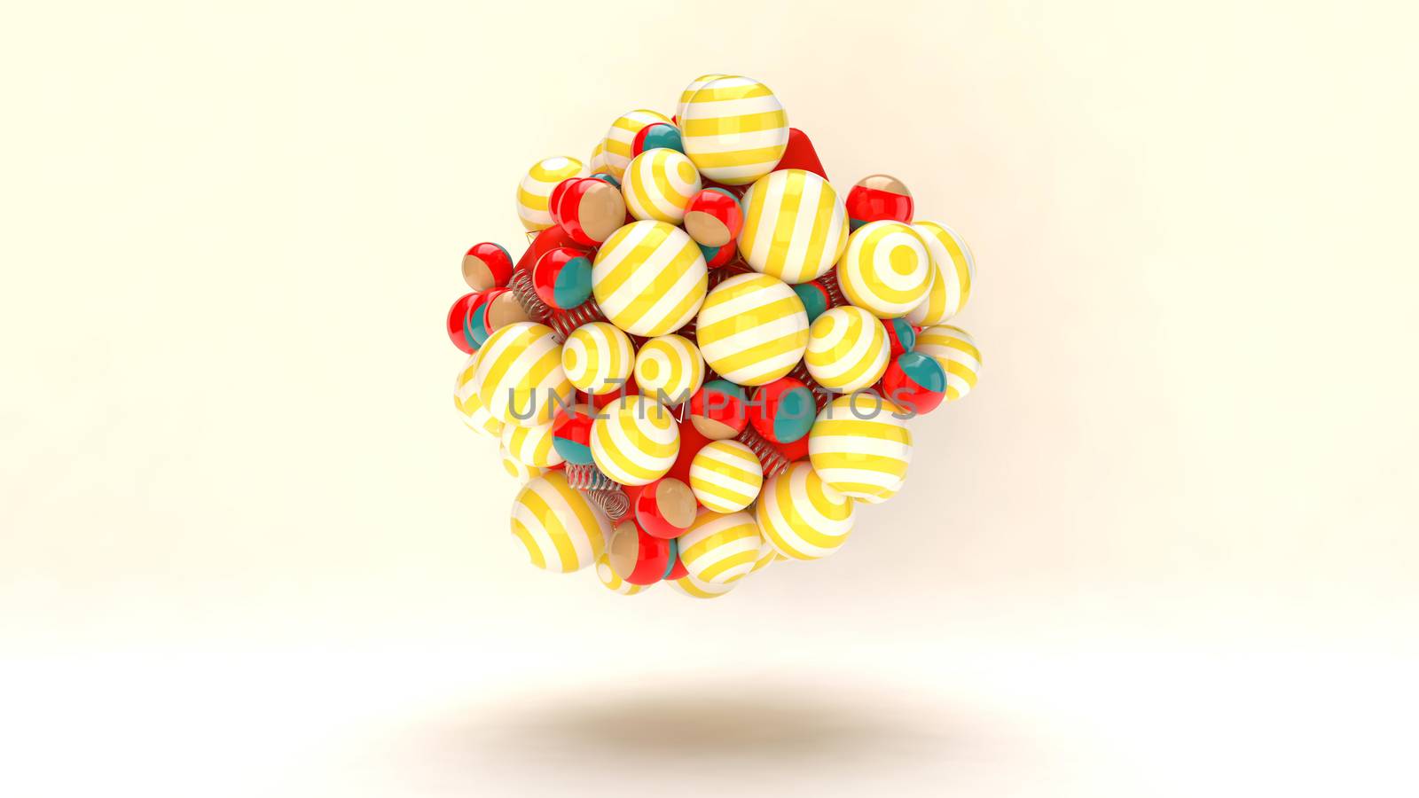 A jovial 3d illustration of soaring colorful striped balls for Cristmas gifts with sparkling spirals and cubes in the white background. All of them dance and tap with a Happy New Year mood! 