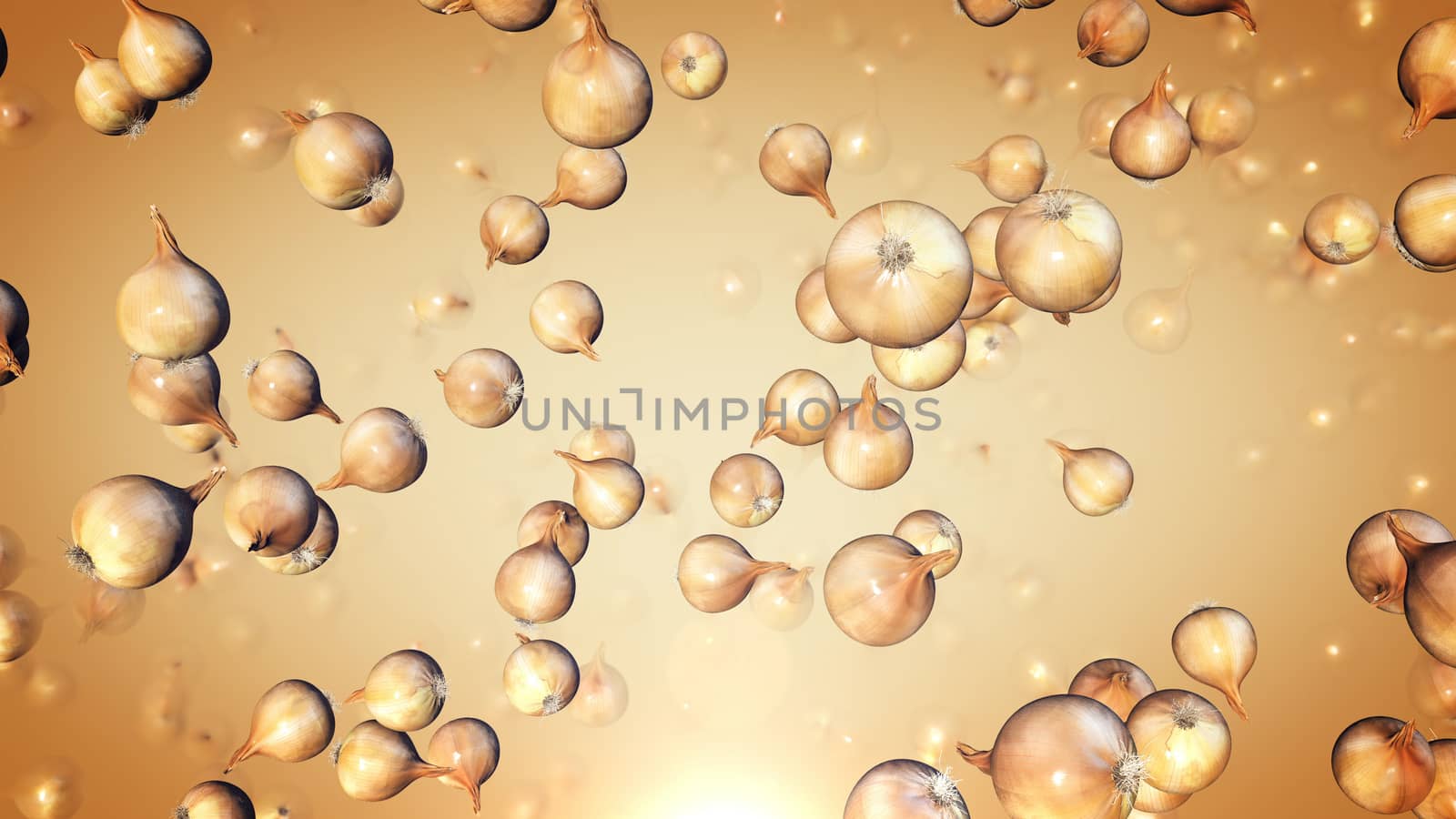 An agricultural 3d rendering of rotating light brown onions in the brown background. The ripe onions look wonderful for vegetarians and vegans. They remind us about healthy diet. 