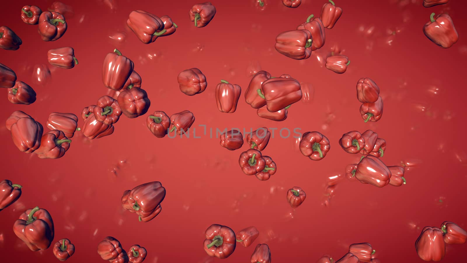 An exciting 3d rendering of soaring bonnet peppers of a red color with green stems in the red background. The vegetables tell again about a healthy style of living and a vegan diet. 