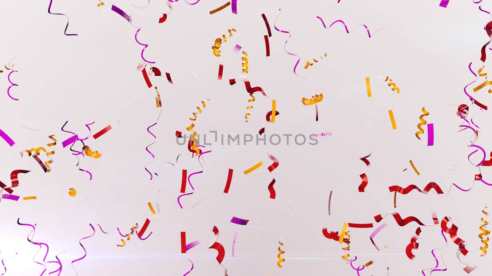 A congratulatory 3d rendering of colorful confetti whirling in the air in the white background. They soar joyfully and shimmer with festive sparkles. New Year is approaching. 