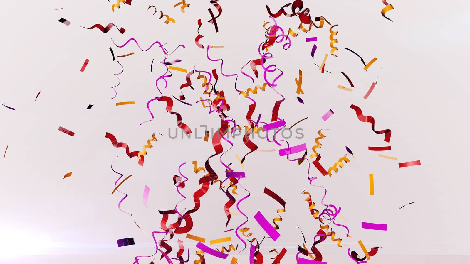 A jovial 3d illustration of multicolored confetti spinning in the air in the white background. They fly cheerfully and shine with festive sparkles. Merry Christmas is approaching. 