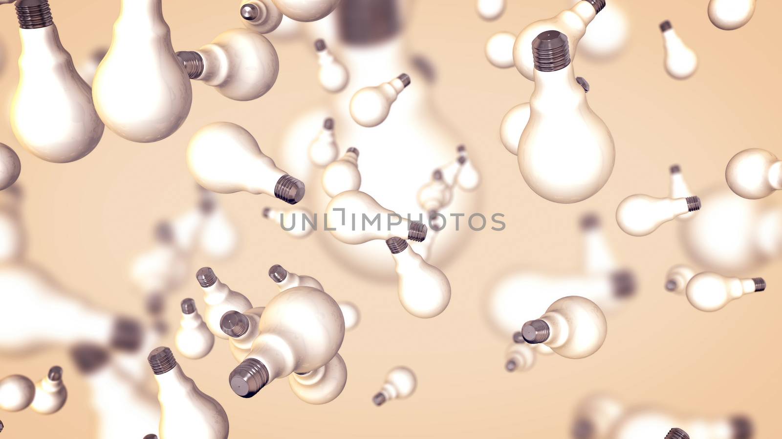 An arty 3d illustration of white electric bulbs spinning in the air in the rosy background. They fly cheerfully and inspire with their perfect shapes. Technological  revolution is obvious. 