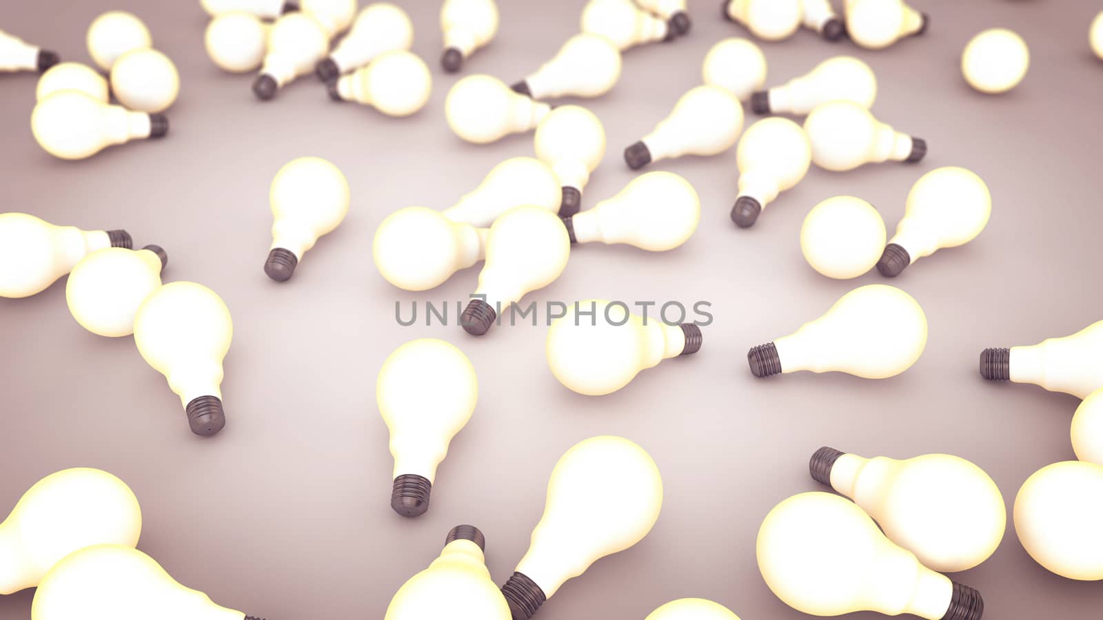A pop art 3d illustration of white light bulbs lying on the light violet floor. The halogen electric bulbs remind us about the advance of innovative technologies. The consumer society attacks. 