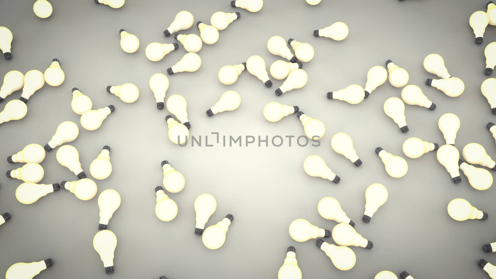 An abstract 3d illustration of white light bulbs lying on theflat grey floor. The fluorescent electric bulbs illustrate the offence of modern technologies. The mass production society offences. 