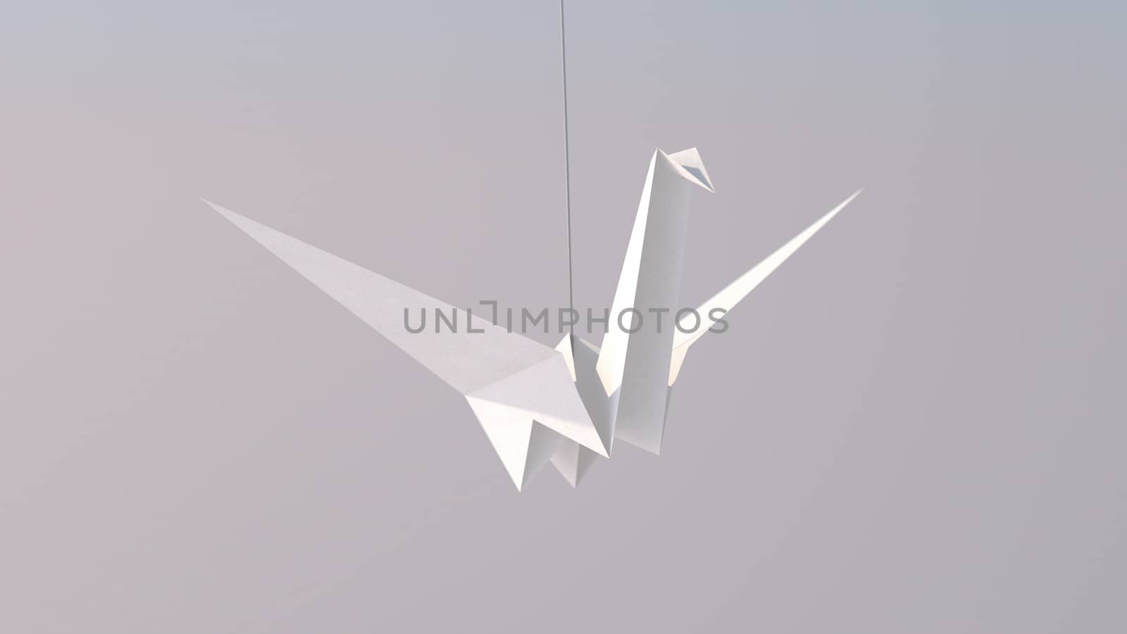 A tender-looking 3d illustration of a white paper crane flying high in the grey background. It reminds us about our happy childhood and looks lovely.  