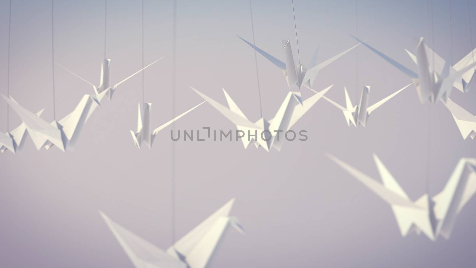 A lovely 3d illustration of a flock of white paper cranes soaring high in the grey background. They tell us about our happy childhood and young years.They fly in a big group.  