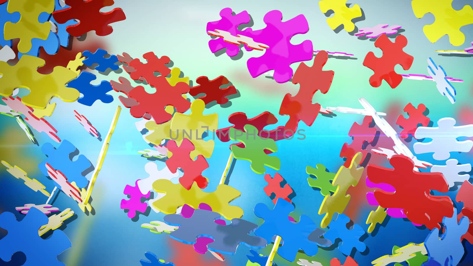 An optimistic 3d illustration of colorful puzzles flying in the light green and light blue air. They are rotating in various direstions and have different shapes and colors. They look funny.
