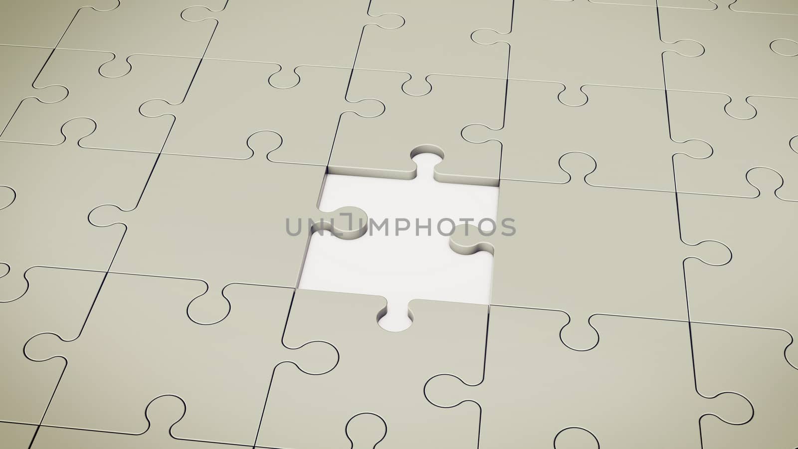 An enigmatic 3d illustration of a grey floor composed of puzzles placed askew. One puzzle is absent. The background is white. It looks original and artistic.