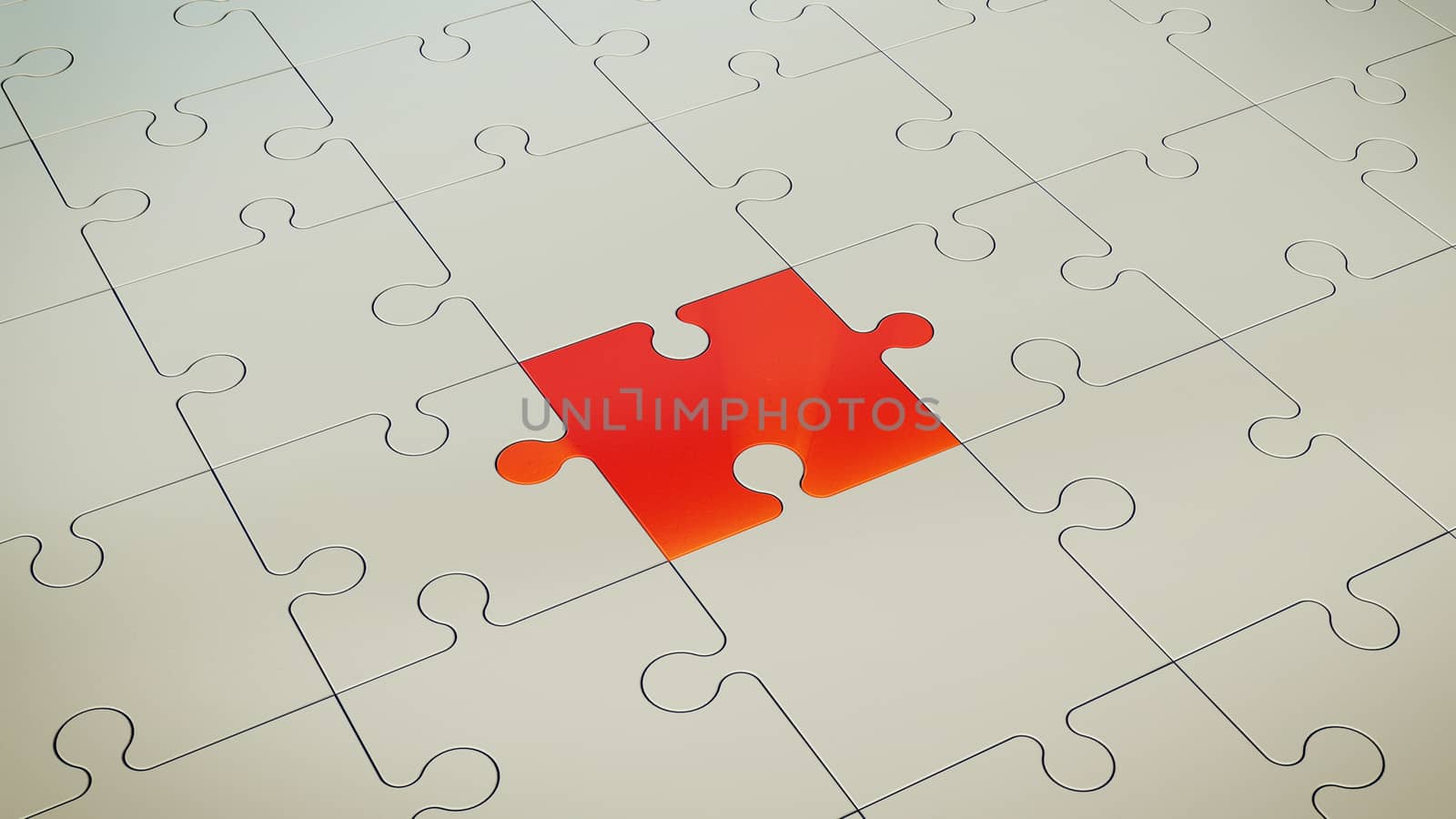 An arty 3d illustration of a grey floor composed of puzzles placed diagonally. One puzzle is different. It is of a red color. It looks like a black crow in a white flock of birds