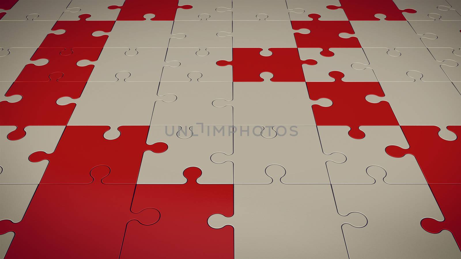 An artistic 3d illustration of a floor composed of red and grey puzzles placed aslant. The work is performed perfectly. The floor surface is smooth and shining. 