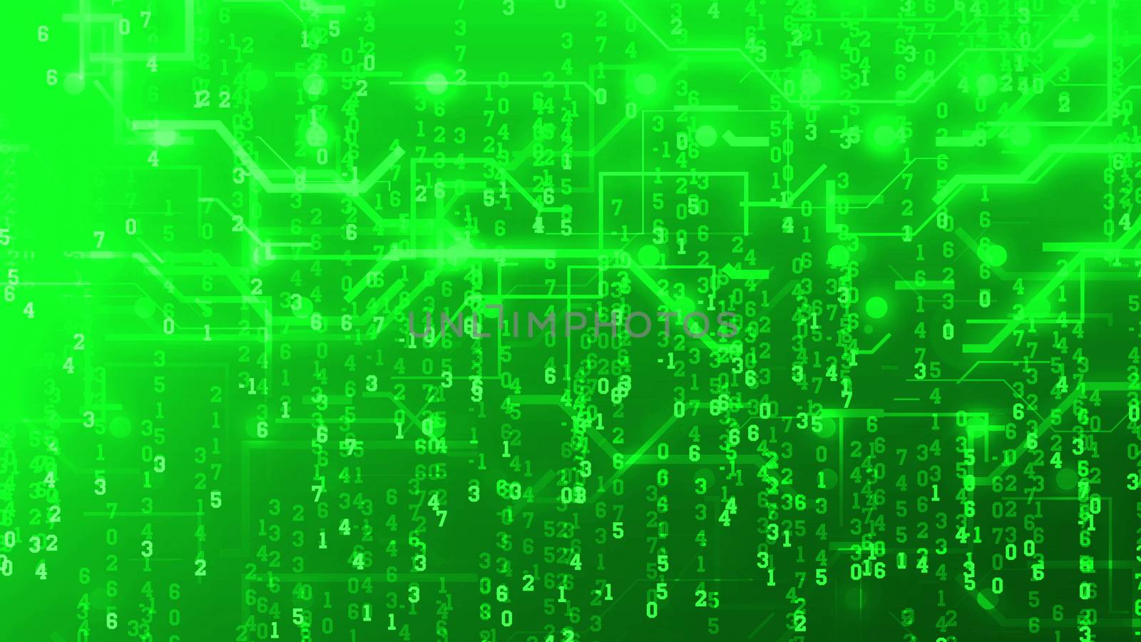 A futuristic 3d rendering of a digital multilayered cyberspace. The Matrix looking numbers are moving between curvy lines in the light green background. They look sparkling and bright.