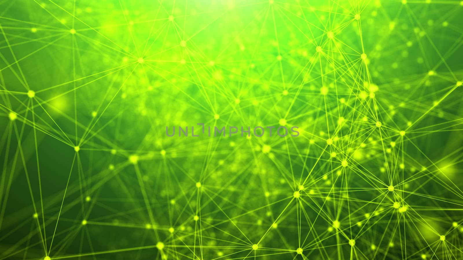An exciting 3d rendering of a grid from abstract geometric triangles and nodes composing some futuristic communication system. They are located in the light green background.