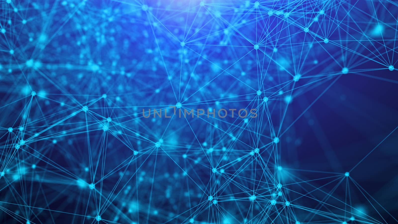 An interlaced 3d rendering of a rete of abstract geometric triangles and dots making some programming communication system. They are interconnected with each other in the light blue background.
