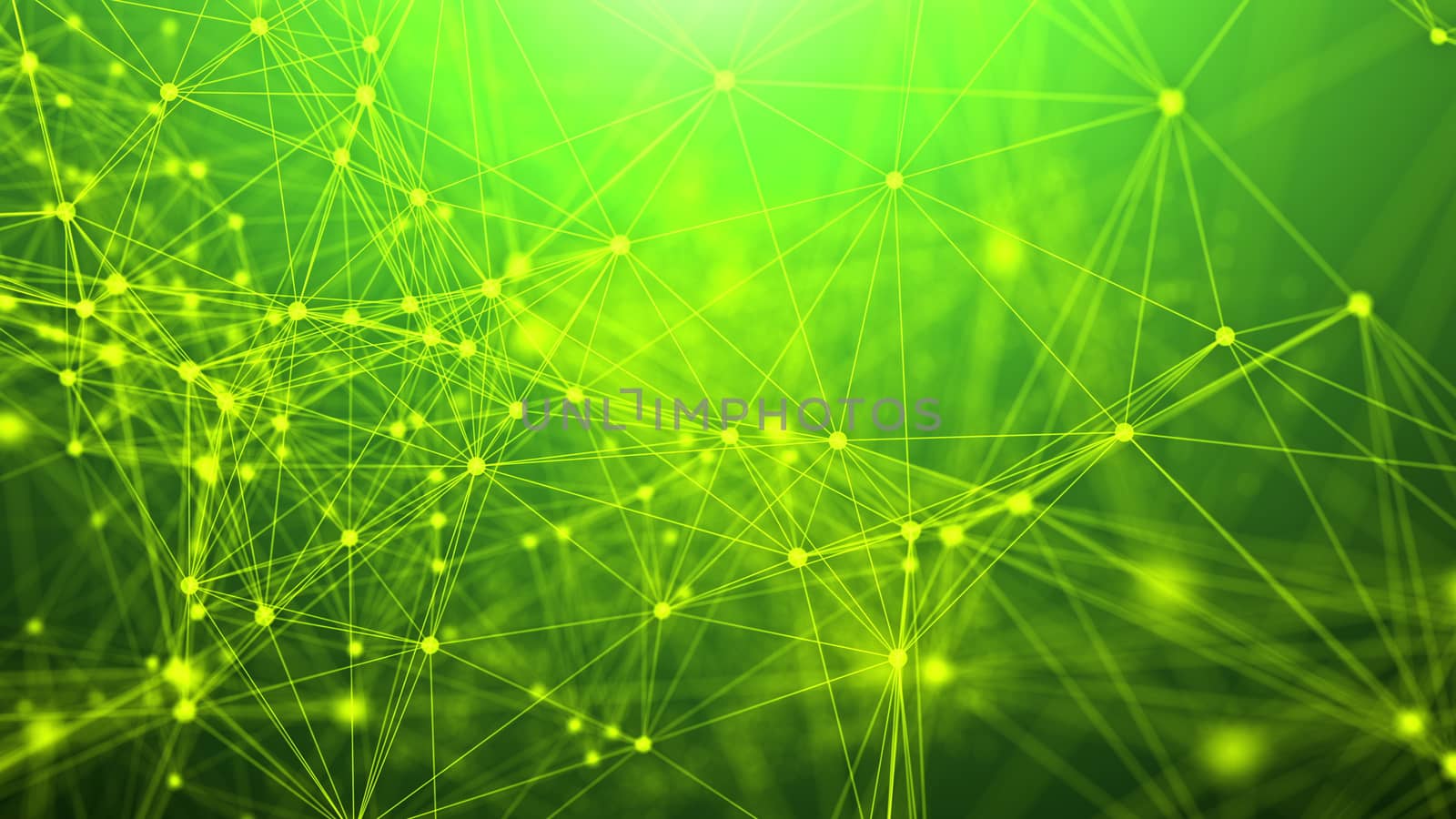 A puzzled 3d rendering of a plexus of abstract geometric triangles and dots making some futuristic liasion system. They are interlaced with each other in the light green background.